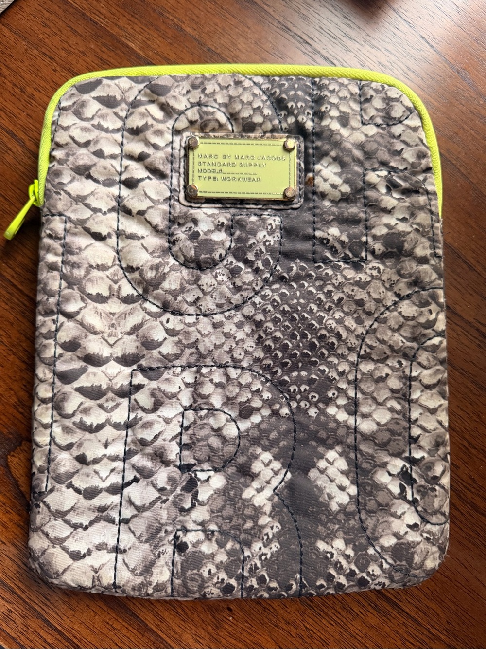 Marc by Marc Jacobs Gray Snake Print Quilted Sleeve with Neon Yellow Trim